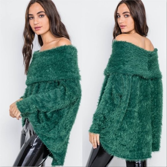 Women's Off Shoulder Fuzzy Green Sweater - Picture 2 of 2
